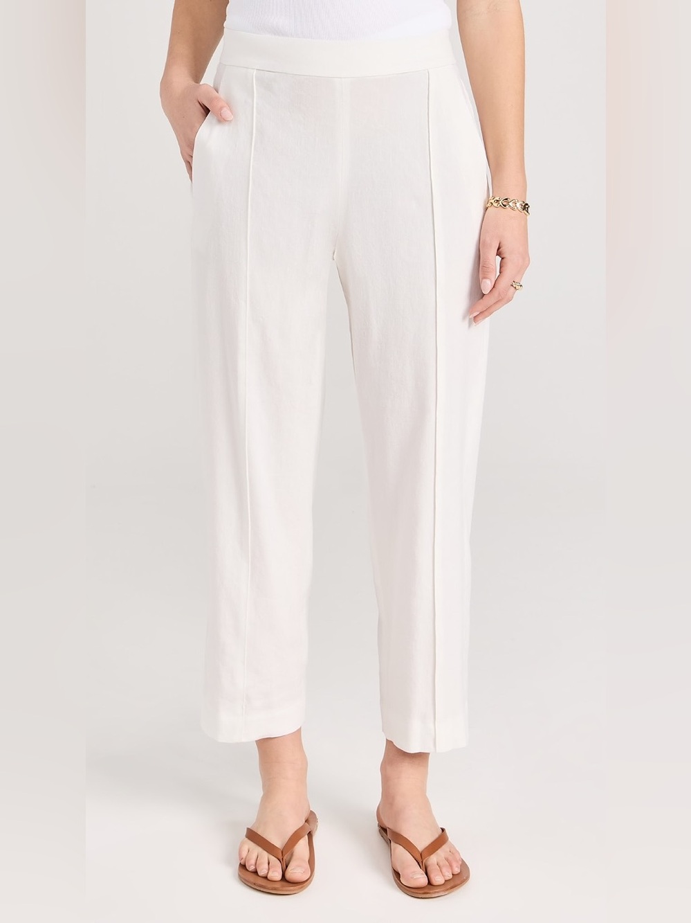 Vince Women's White Linen Cropped Pull-On Pant Trouser